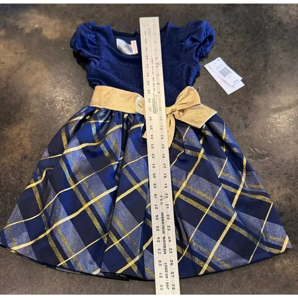 Bonnie Jean Little & Big Kid Girls Short Sleeve Fit+Flare Dress Blue & Gold Sz.7